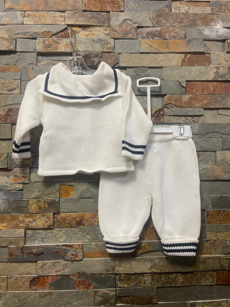 White with Navy Trim Knitted Sailor Suit, Size 3M