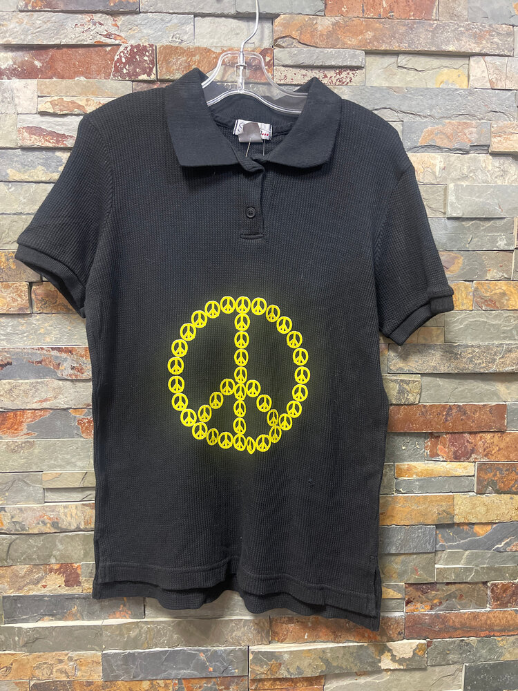 Black Waffle Polo with Peace Sign