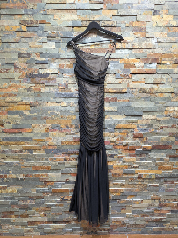 B Darlin Black Lined One-Shoulder Nude Gown, Size 0