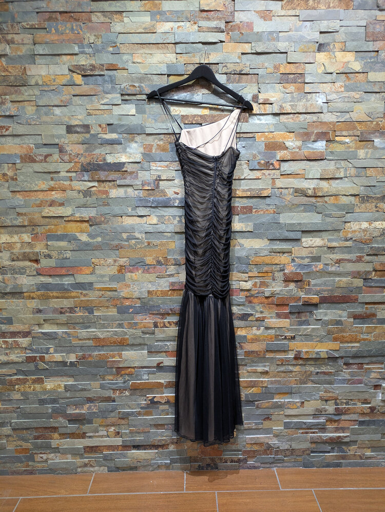 B Darlin Black Lined One-Shoulder Nude Gown, Size 0