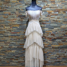 City Studio Beige Sparkly Off-shoulder Bodice Gown, Size 1/2