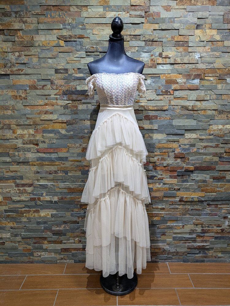 City Studio Beige Sparkly Off-shoulder Bodice Gown, Size 1/2