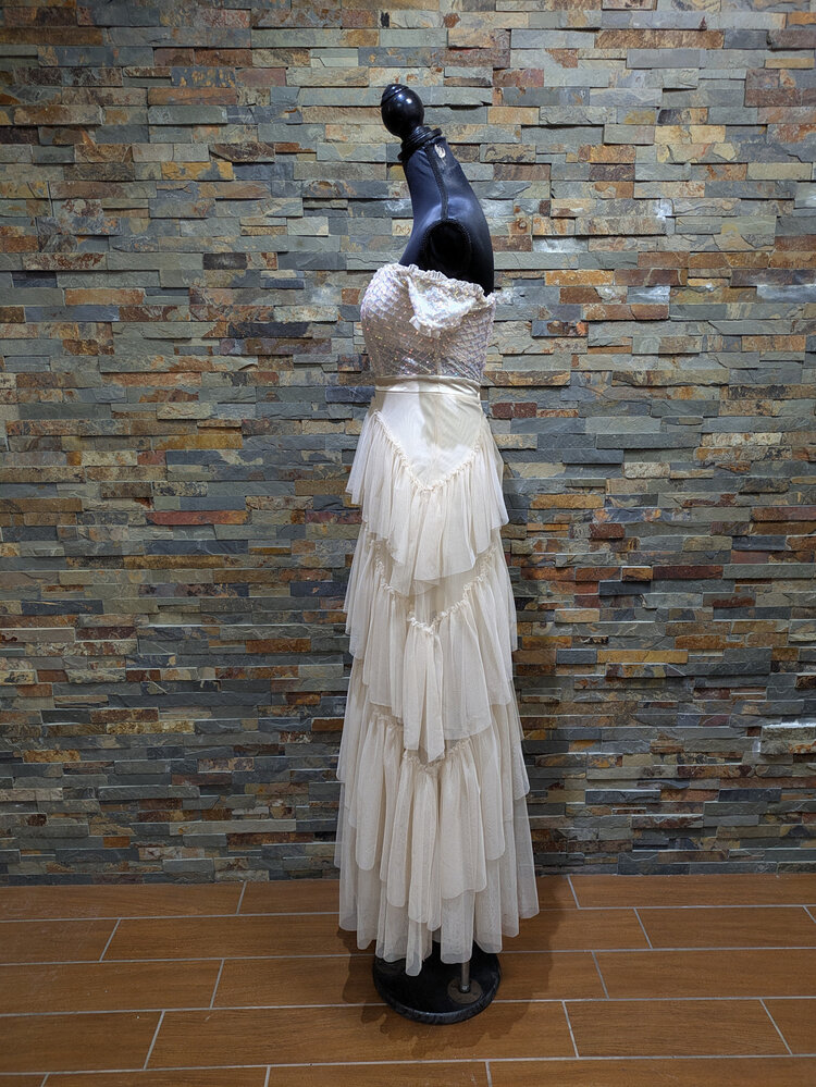 City Studio Beige Sparkly Off-shoulder Bodice Gown, Size 1/2