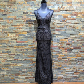 Betsy & Adam Black Sequin Strappy Evening Bodycon Gown, Size 2