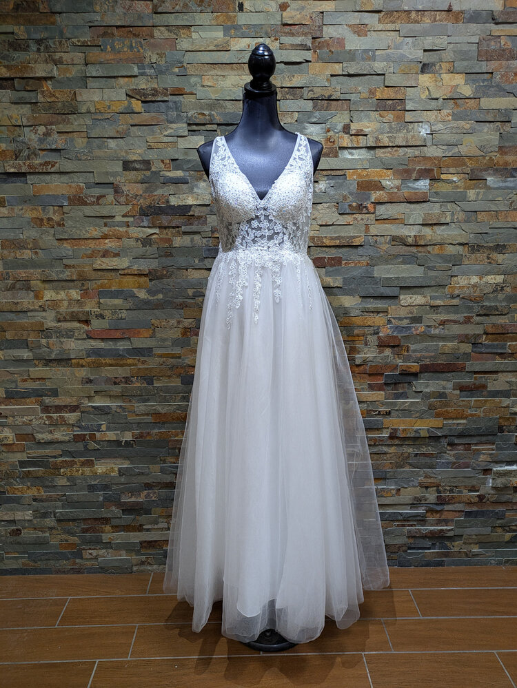 Blondie Nites Ivory Sheer Corset Fit & Flare Gown, Size 13