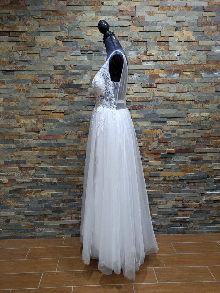 Blondie Nites Ivory Sheer Corset Fit & Flare Gown, Size 13