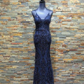 Betsy & Adam Navy Blue Illusion Gown Line with Sequin, Size 4