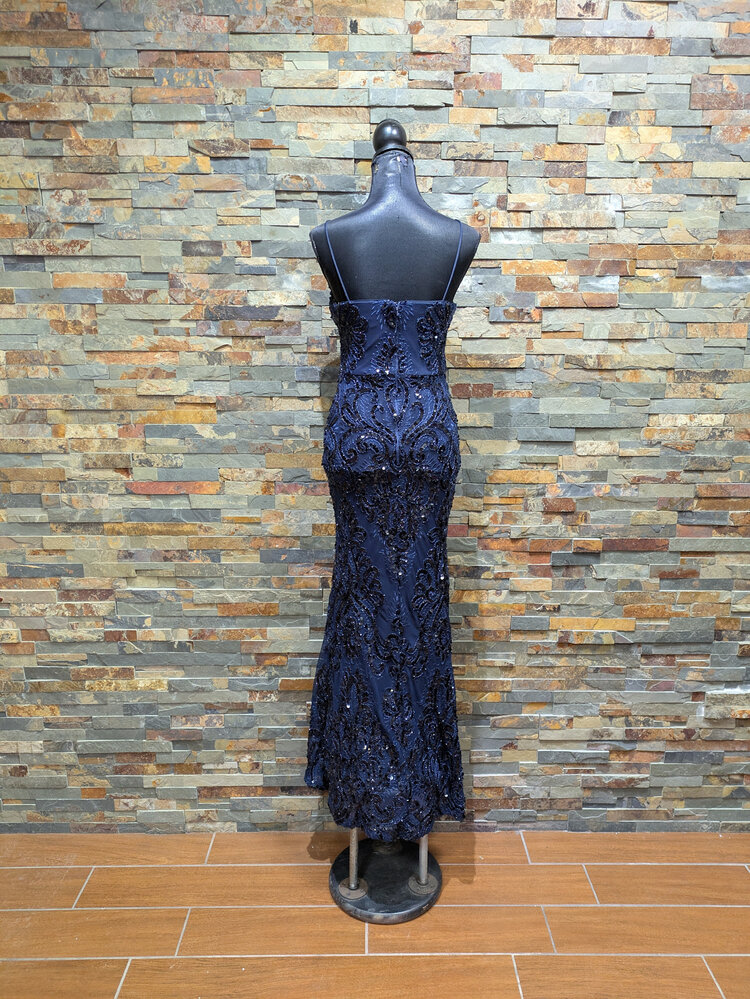 Betsy & Adam Navy Blue Illusion Gown Line with Sequin, Size 4