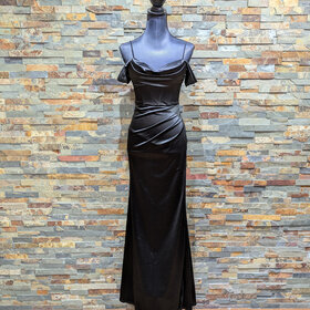 B Darlin Black Satiny Gown with Drape Neck & Corset Bodice, Size 3/4