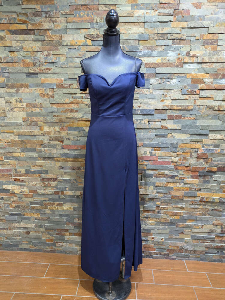 B Darlin Navy Blue Off-Shoulder Formal Gown, Size 11/12