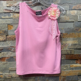 Rose Pink Tank Top with Flower, Lace and Jewel Trim, Size 12