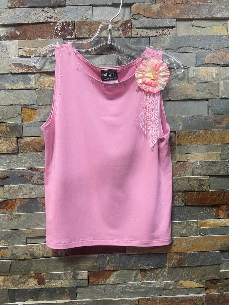 Rose Pink Tank Top with Flower, Lace and Jewel Trim, Size 12
