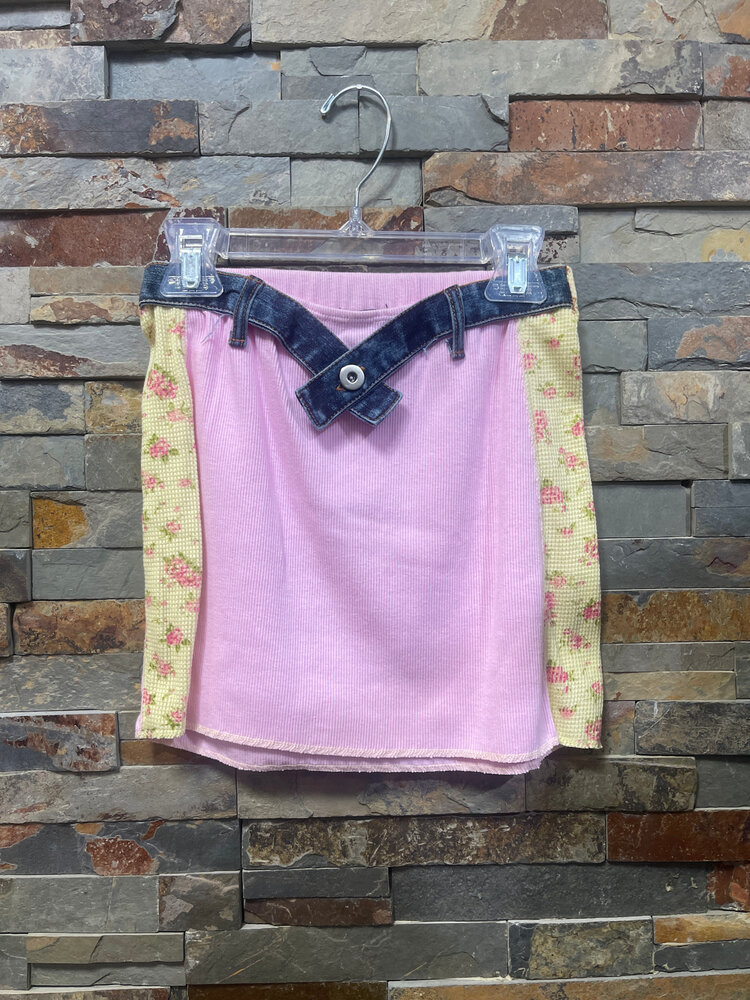 Pink and Yellow Floral Knit Skirt with Denim Belt, Size M (10-12)