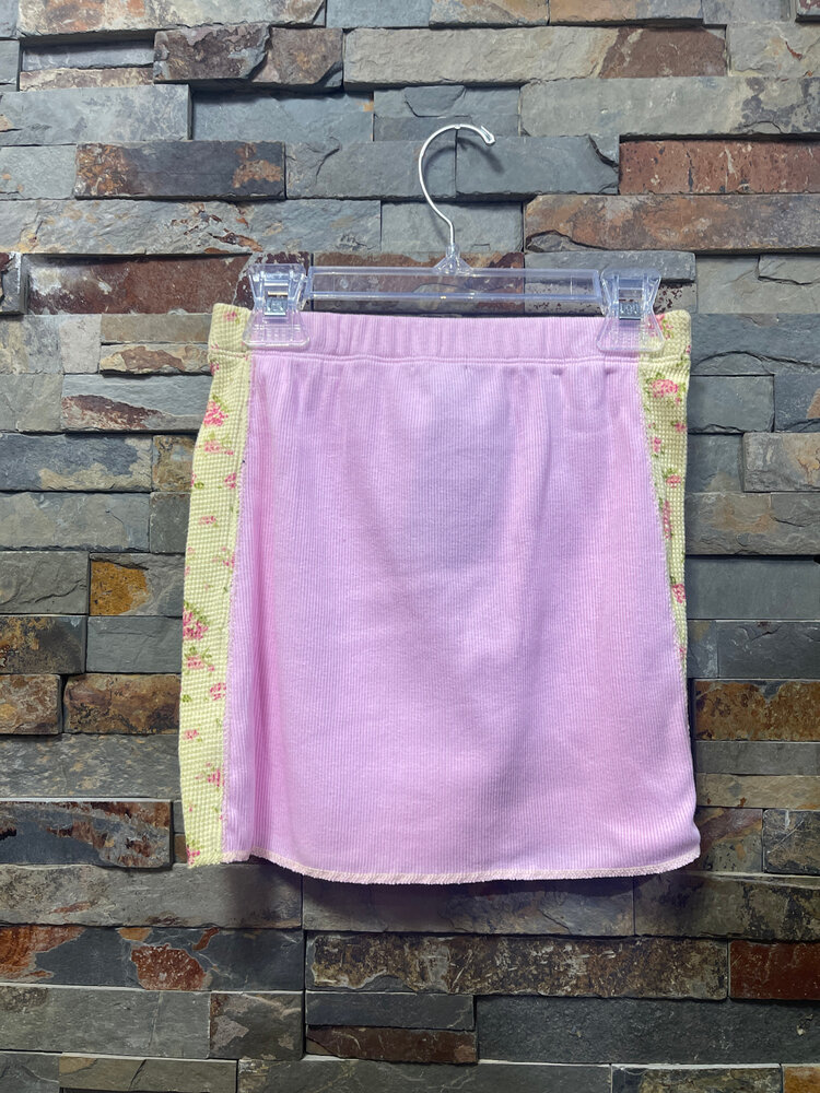 Pink and Yellow Floral Knit Skirt with Denim Belt, Size M (10-12)