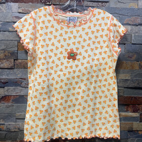 Yellow Girls Floral Print Ruffle Trimmed Top, Size 12