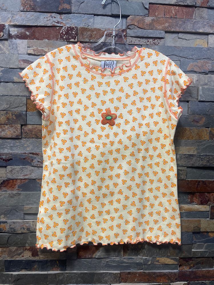 Yellow Girls Floral Print Ruffle Trimmed Top, Size 12