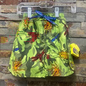 Green Bug Camo Print Boys Swim Trunks, Size 12M