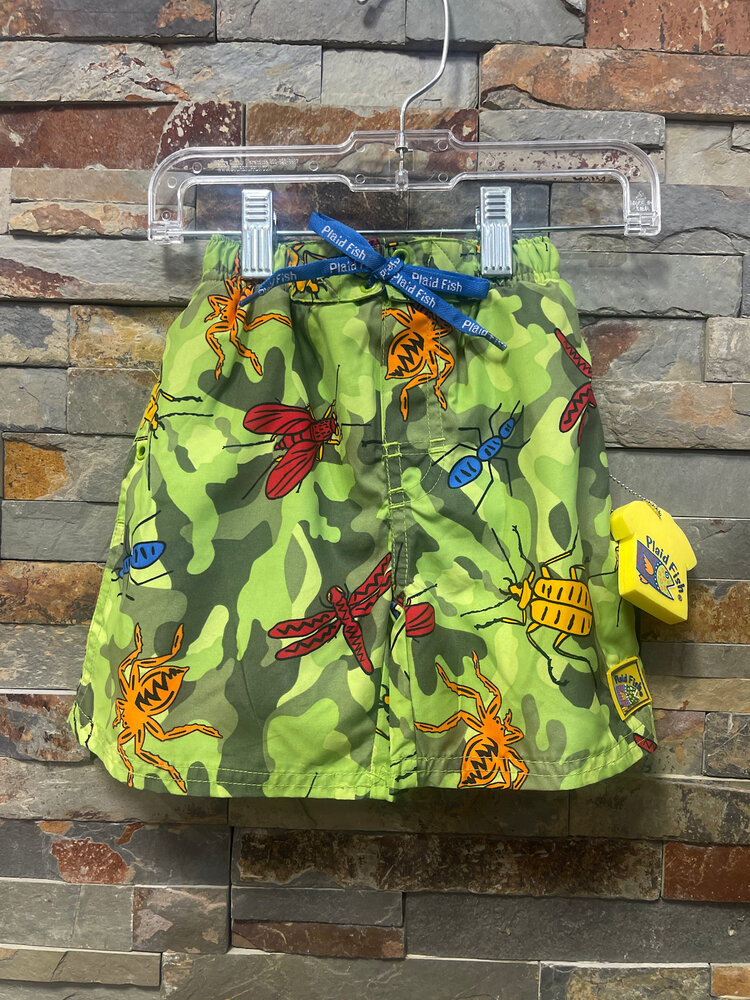 Green Bug Camo Print Boys Swim Trunks, Size 12M