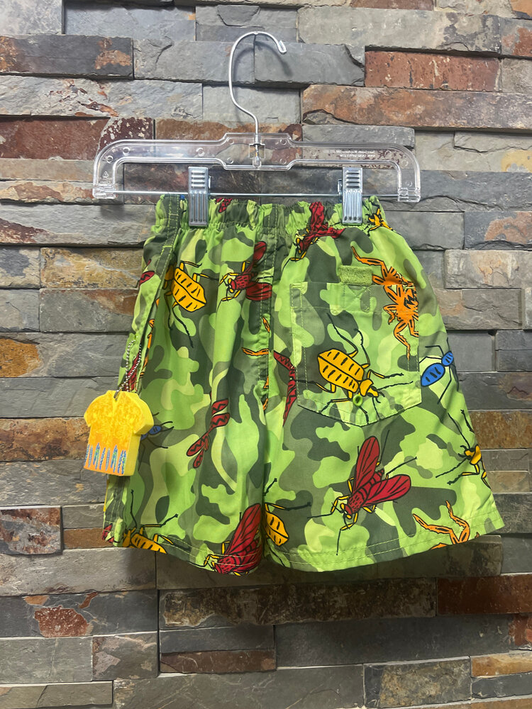 Green Bug Camo Print Boys Swim Trunks, Size 12M