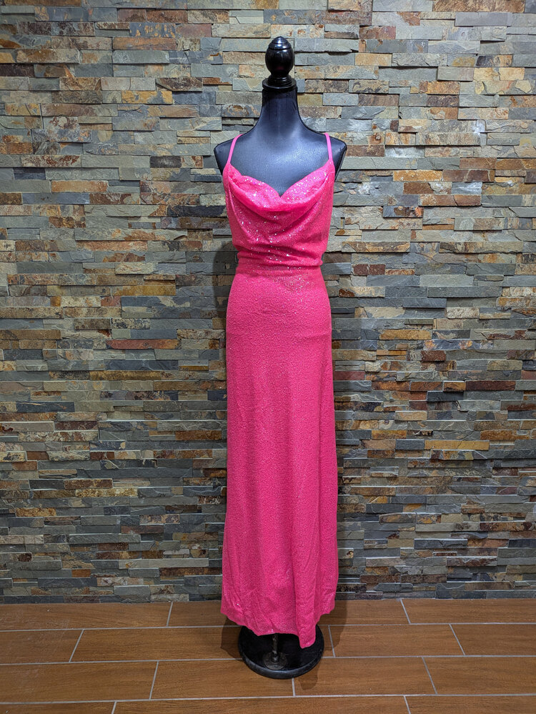Aqua Hot Pink Sequin Spaghetti Strap Full Length Gown, Size XL