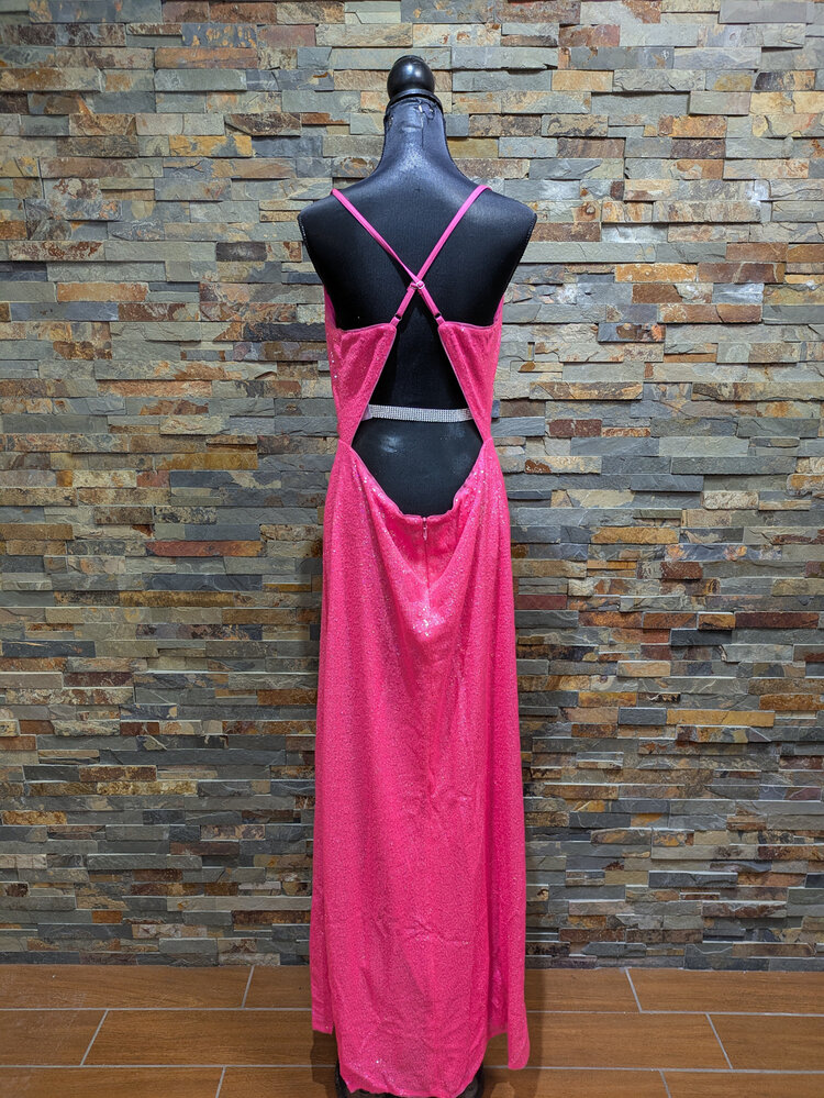 Aqua Hot Pink Sequin Spaghetti Strap Full Length Gown, Size XL