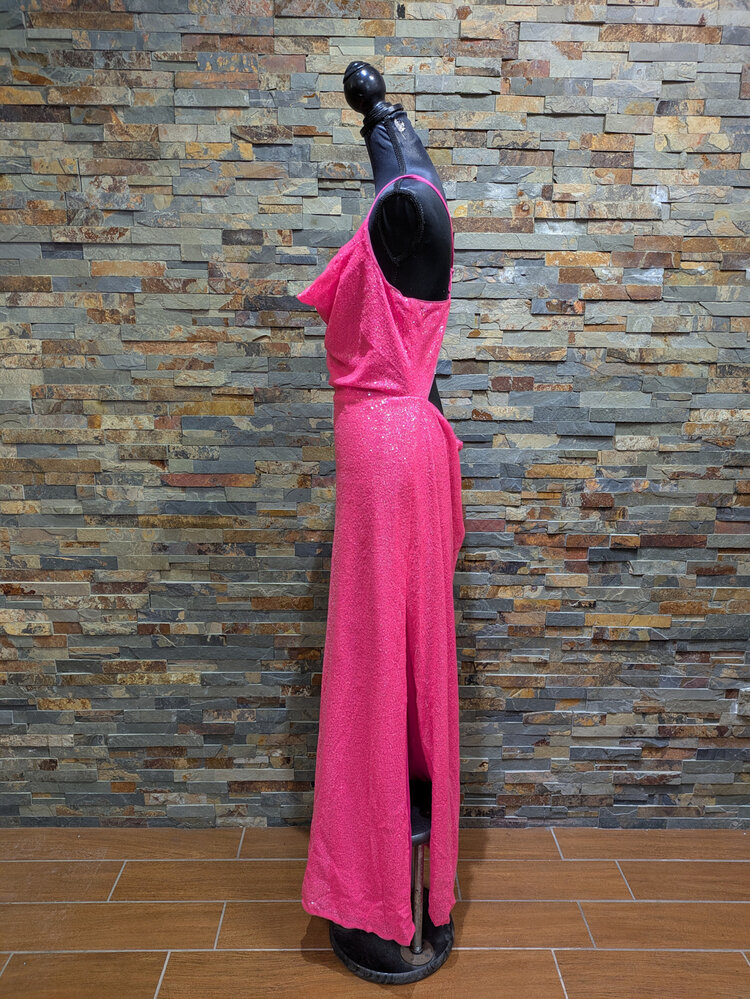 Aqua Hot Pink Sequin Spaghetti Strap Full Length Gown, Size XL