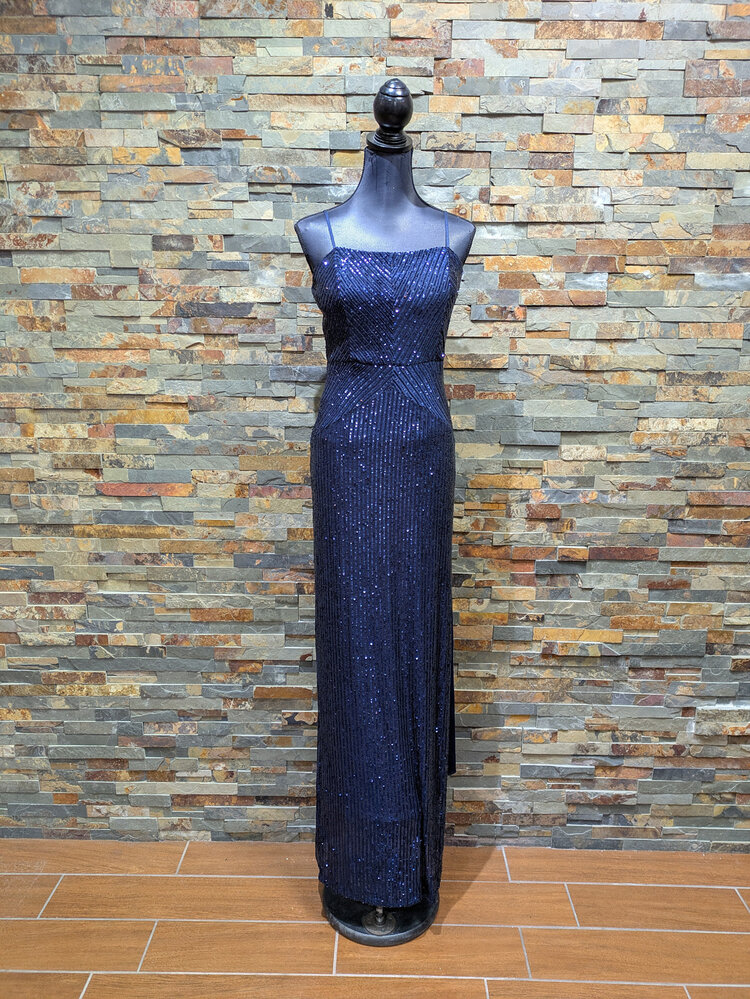 Emerald Sundae Navy Sequin  Spaghetti Adjustable Strapped Gown, Size XL