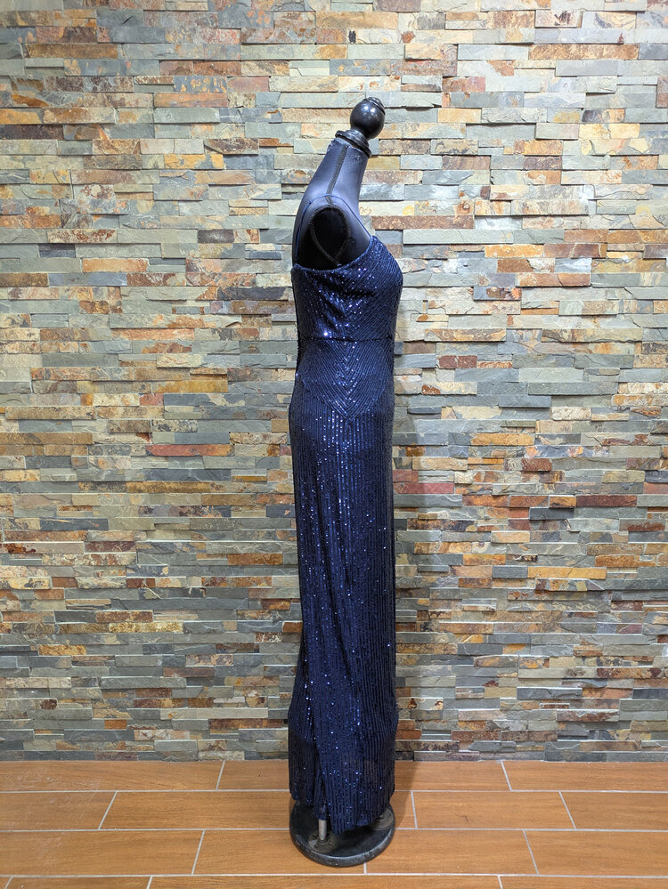 Emerald Sundae Navy Sequin  Spaghetti Adjustable Strapped Gown, Size XL