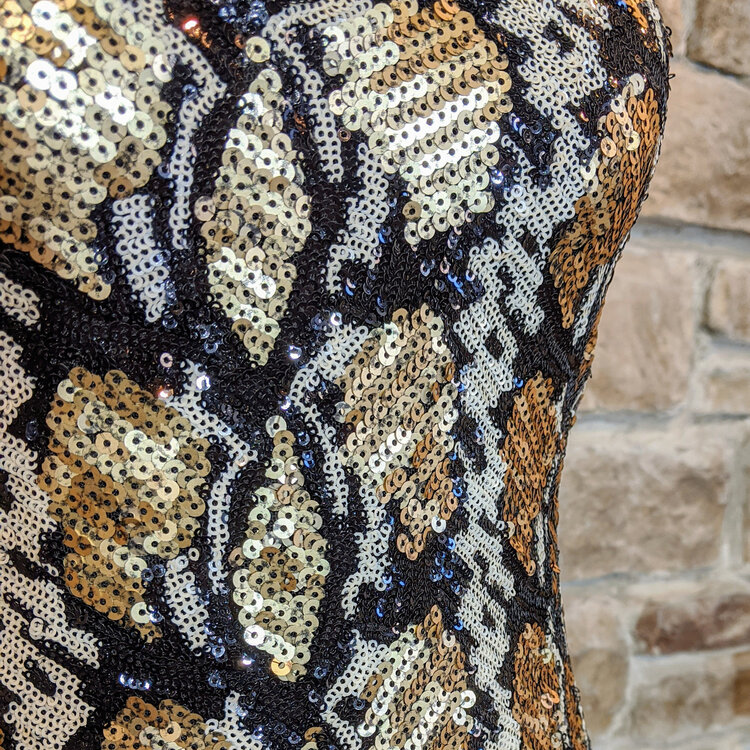 Guess African Print Gold Black Sequin Dress, Size XS