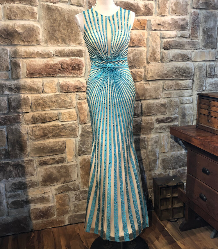 JVN Aqua and Nude Art Deco Beaded Gown, Size S