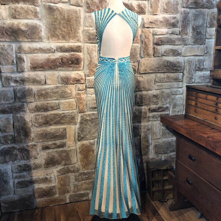 JVN Aqua and Nude Art Deco Beaded Gown, Size S