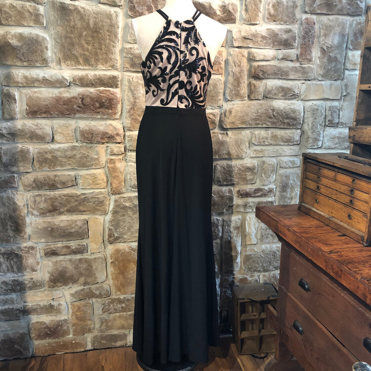 Nightway Black and Nude Sequined Evening Gown, Size 6