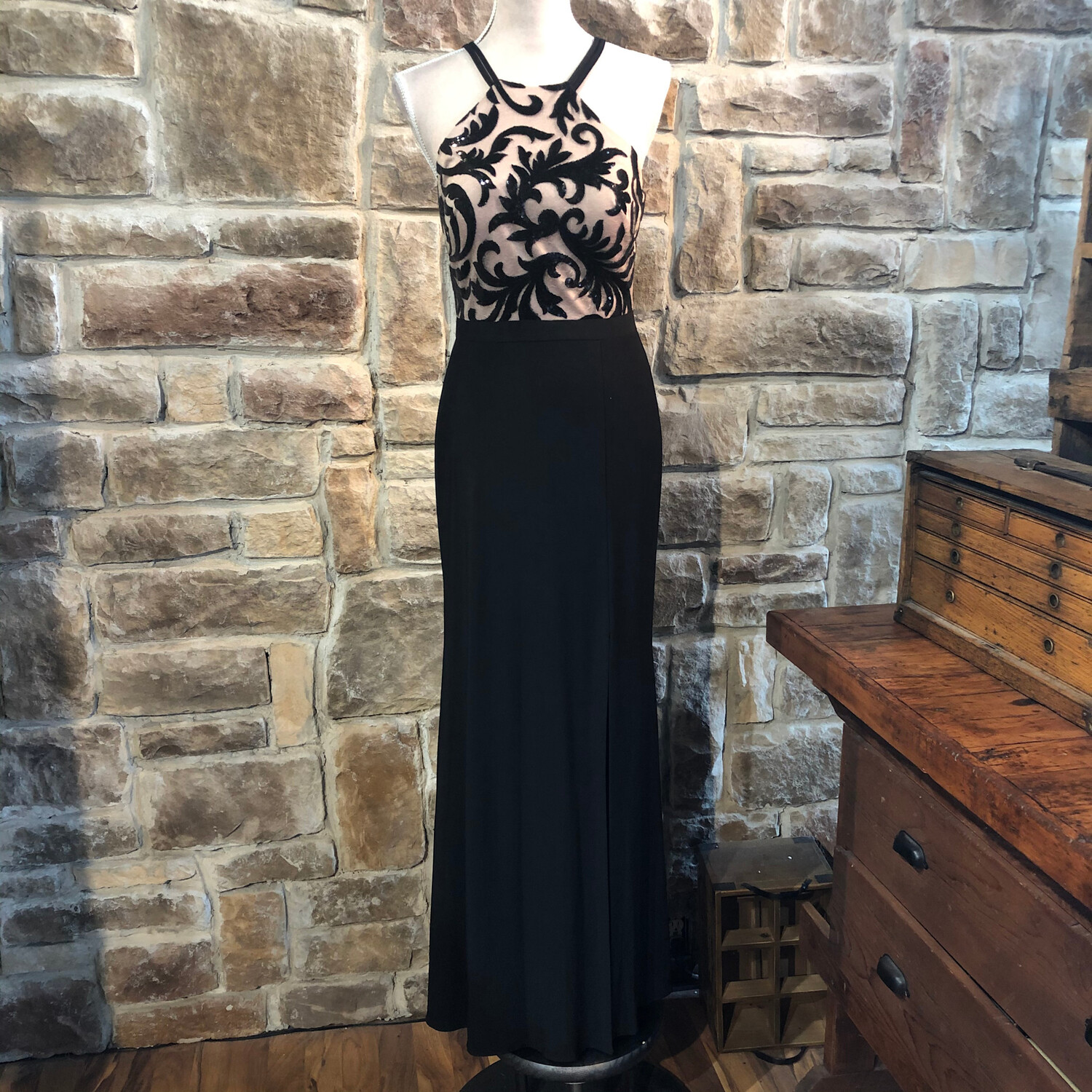 Black and Nude Sequined Evening Gown, Size 6