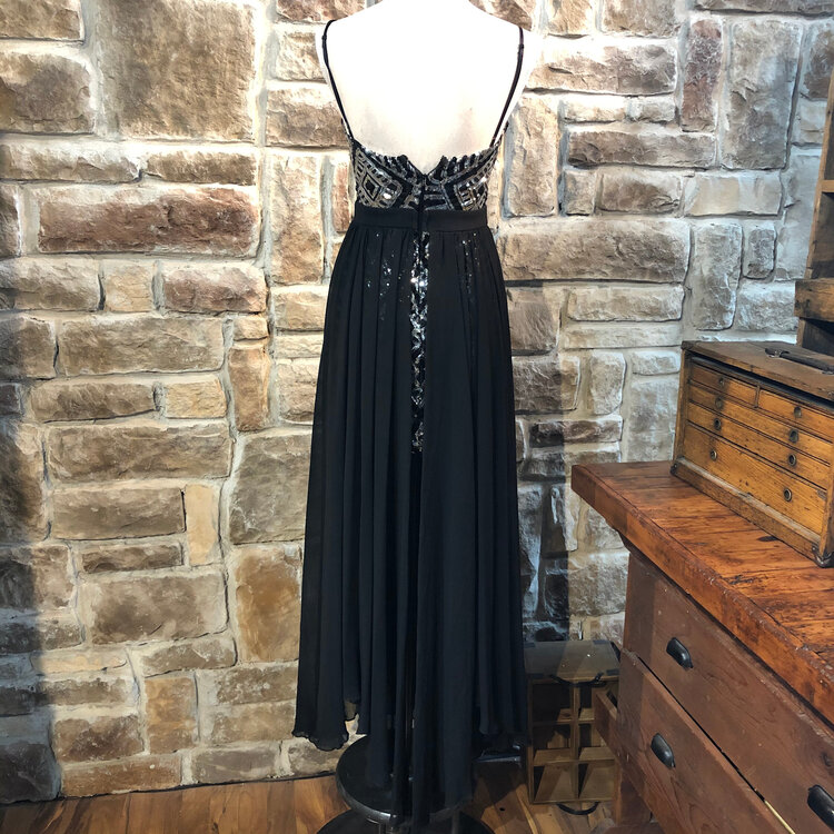 City Studio Black and Silver Sequin Sheer Evening Gown, Size 3