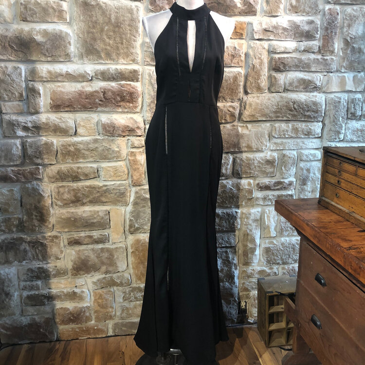 Aqua Black Ladder Stitch Halter Gown