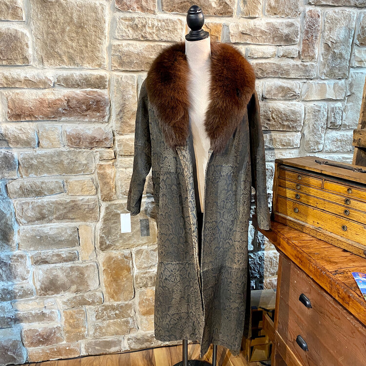 Leather Snake-Print Trench with Fox Collar, Size Large