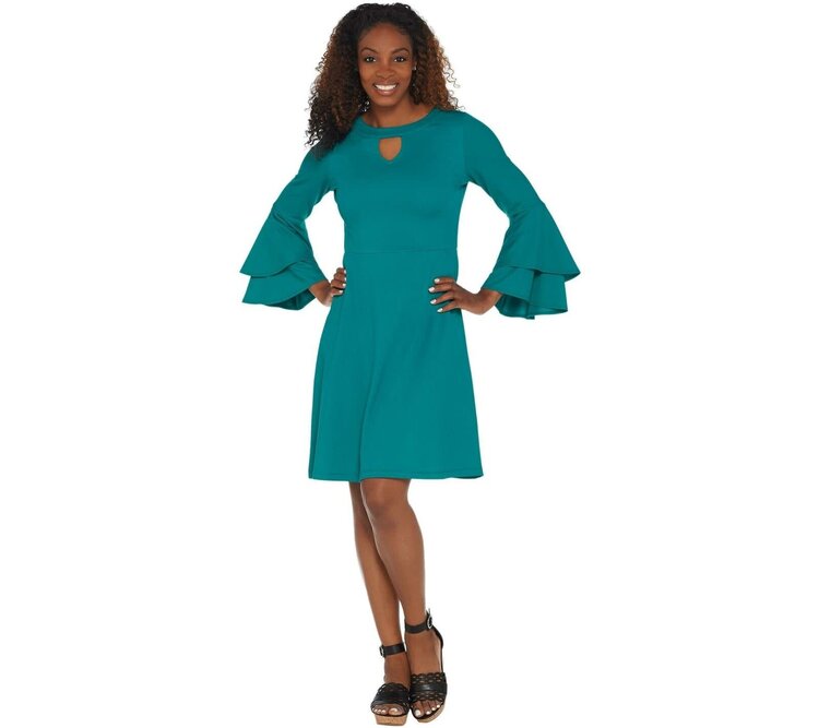 Isaac Mizrahi Teal Green Tiered Bell Sleeve Dress, Size M