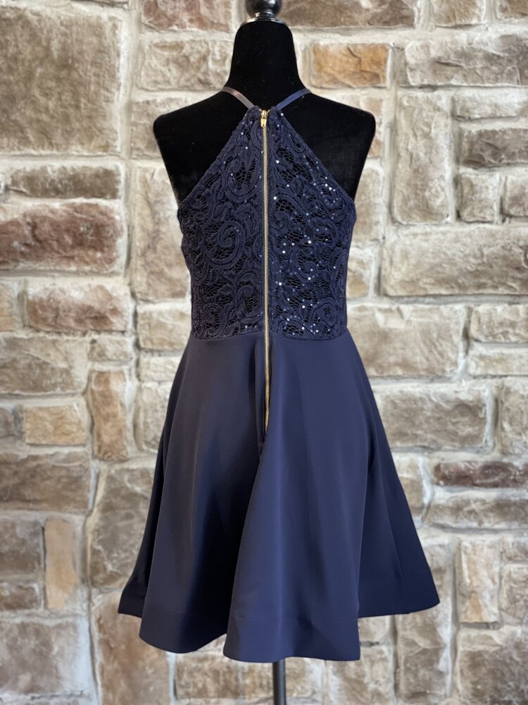 Sequin Hearts Navy Halter Glitter Lace Back Dress, Size 7