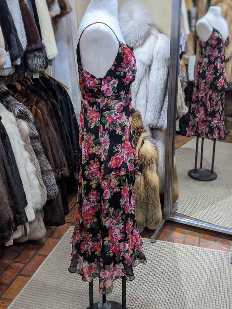 Aqua Black with Pink Floral Ruffled Dress