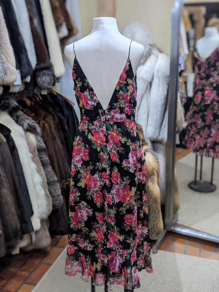 Aqua Black with Pink Floral Ruffled Dress