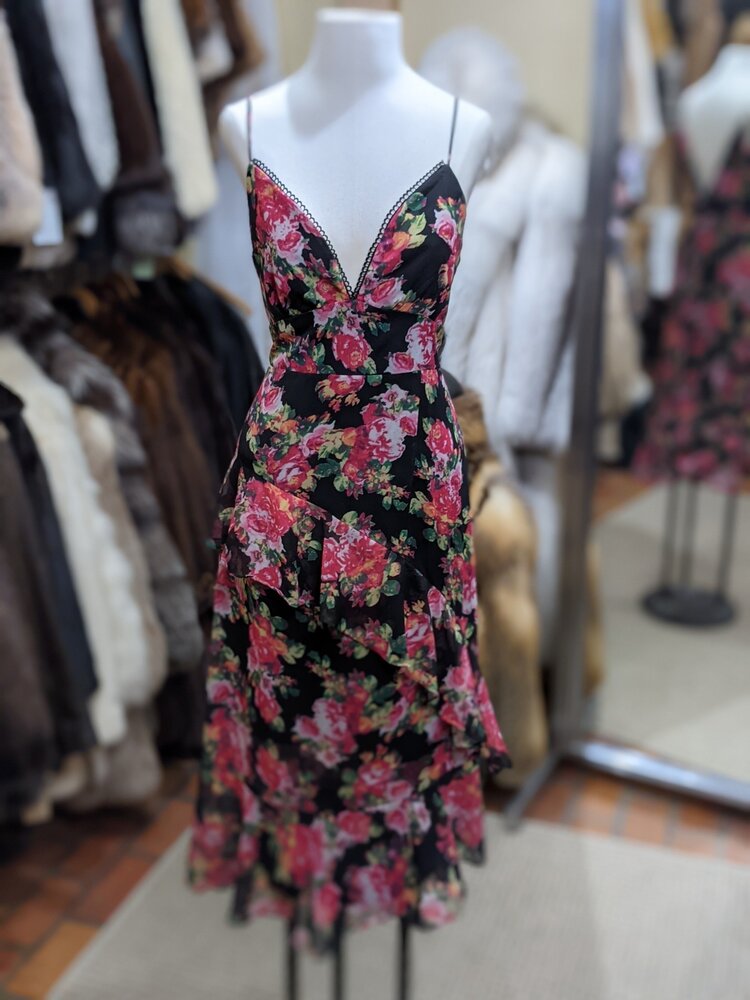 Aqua Black with Pink Floral Ruffled Dress