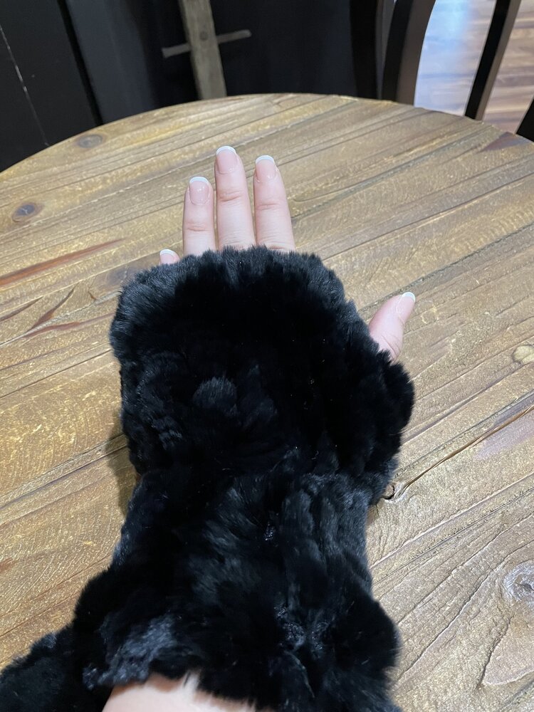 Black Knitted Rabbit Wrist Fingerless Gloves, O/S