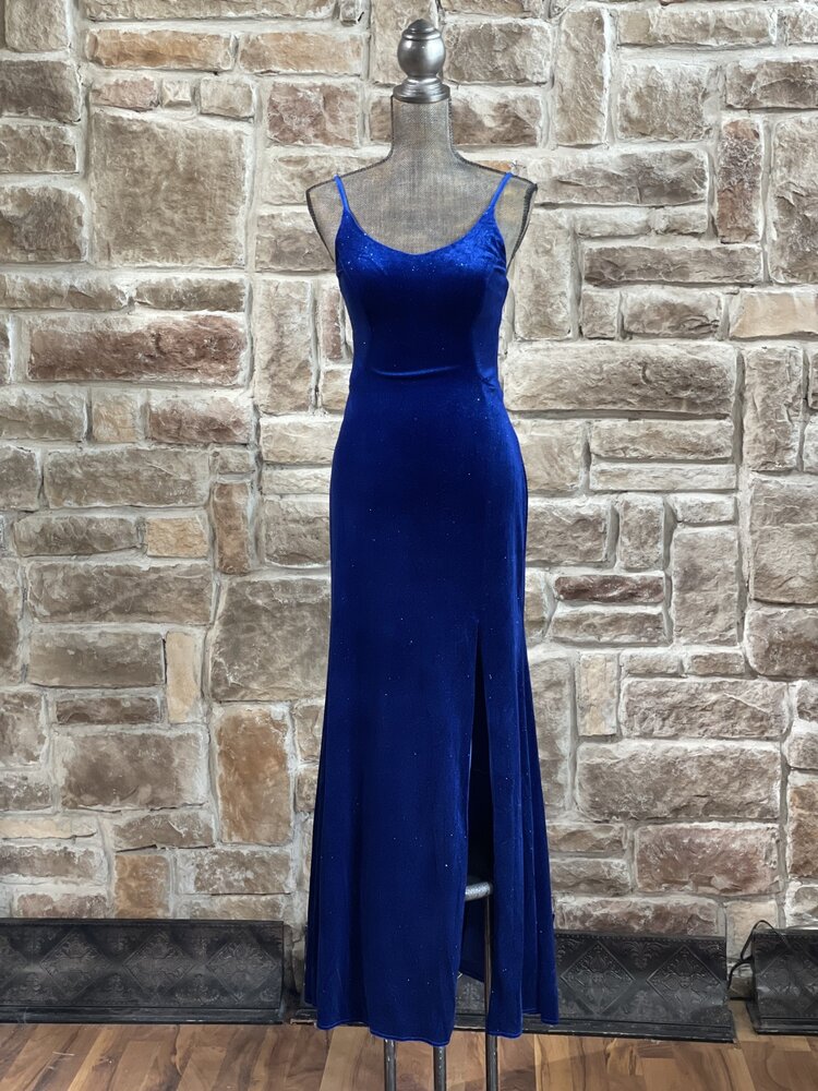 Morgan & Co. Royal Blue Glitter Velvet RIbbed Back Gown