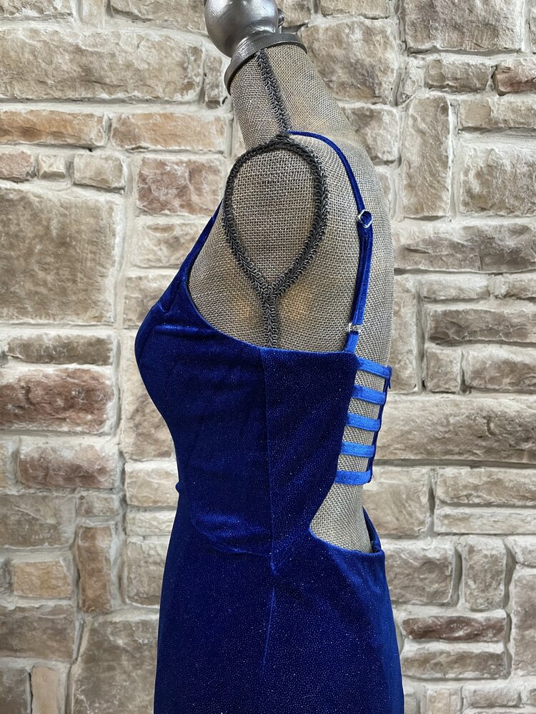 Morgan & Co. Royal Blue Glitter Velvet RIbbed Back Gown