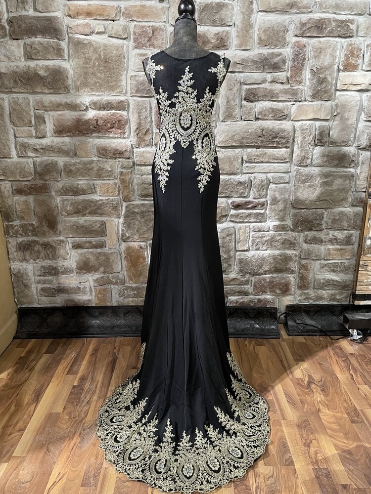 Romance Couture by A.Kaheel Black and Gold Mesh Embroidered Full Train Gown, Size 4