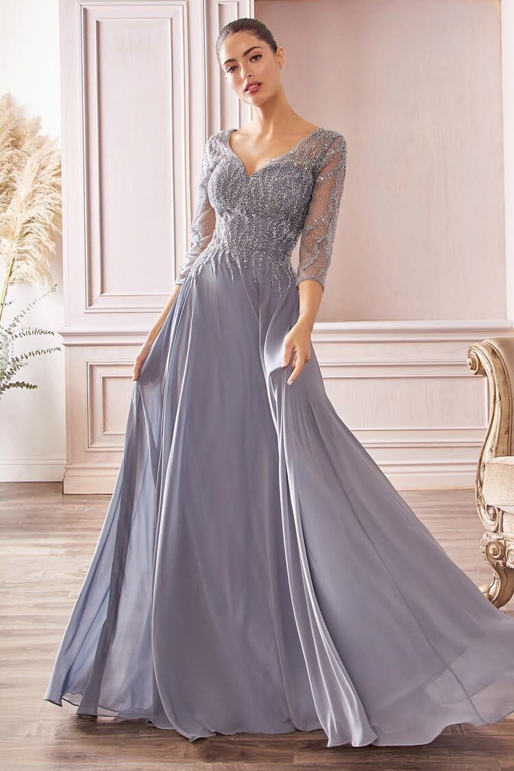 Cinderella Divine Blue Gray Embellished Mesh Bodice and Sleeve Gown, Size 2XL
