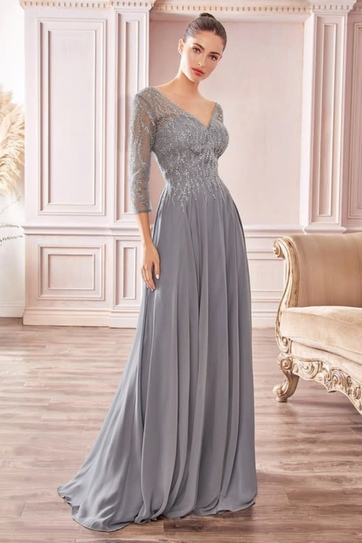 Blue Gray Embellished Mesh Bodice and Sleeve Gown, Size 2XL - Elements Unleashed Blue Gray Embellished Mesh Bodice and Sleeve Gown, Size 2XL - Elements Unleashed
