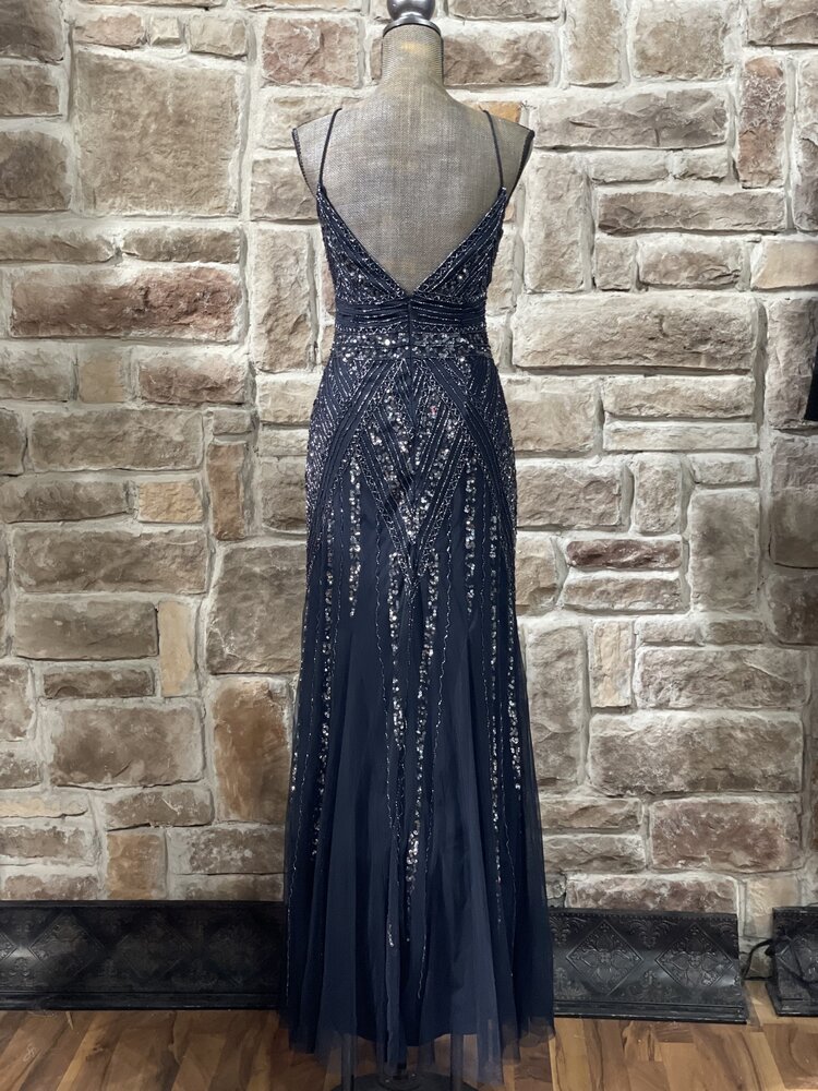 Marina Navy Fully Embellished Tulle Bottom Gown, Size 10