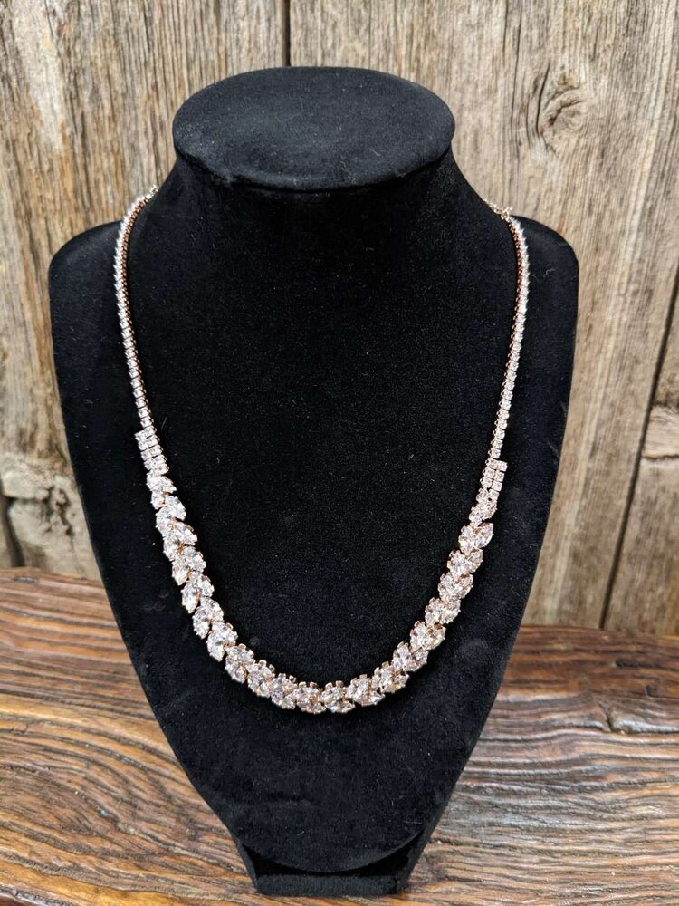 Rose Gold Leaf Chain Rhinestone Necklace