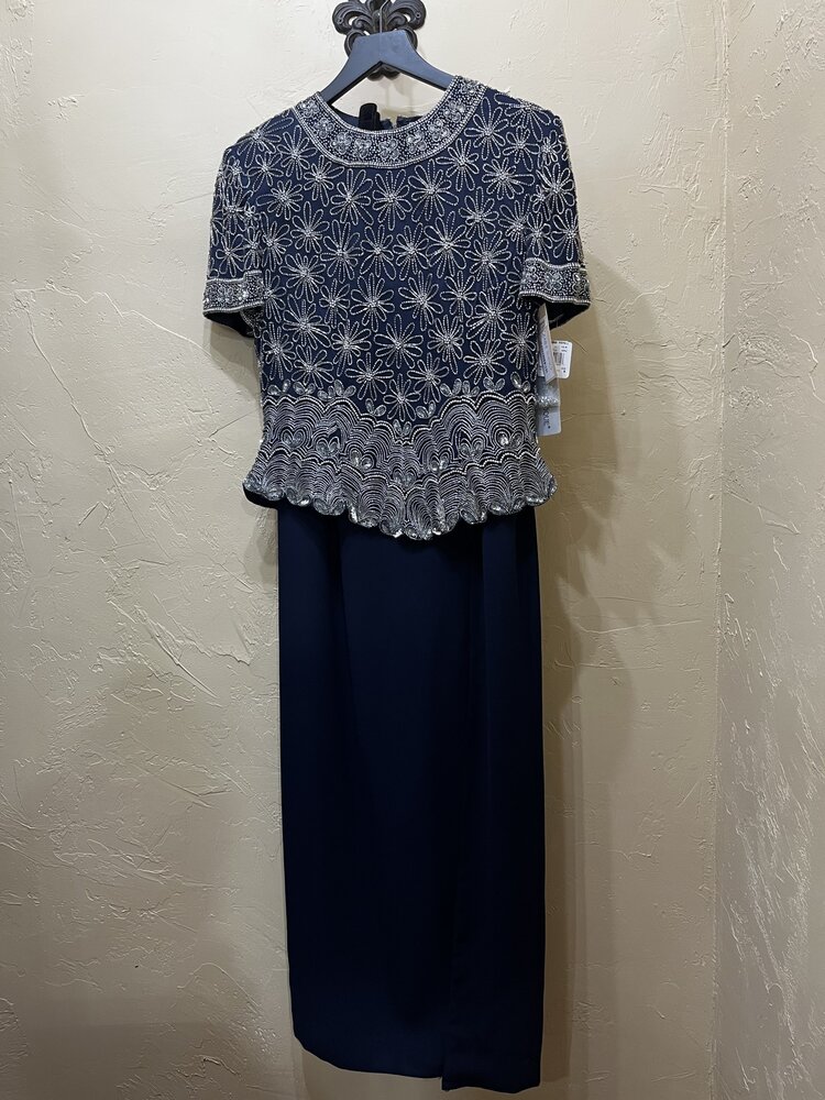 Papell Boutique Navy Beaded Top and Skirt, Size 8
